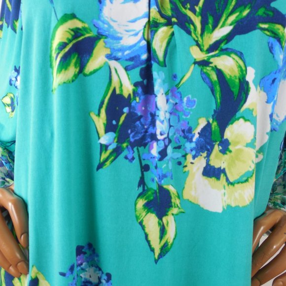 SUSAN GRAVER Top 1X Floral Blouse Stretch Green/Blue Print Chiffon Flared Sleeve - Picture 3 of 13